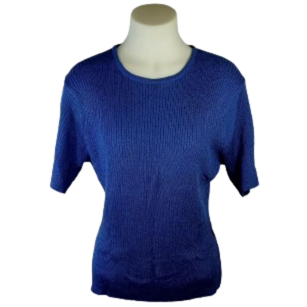 Sag Harbor Blue Ribbed Short Sleeve Stretchy Sweater Sz Lg